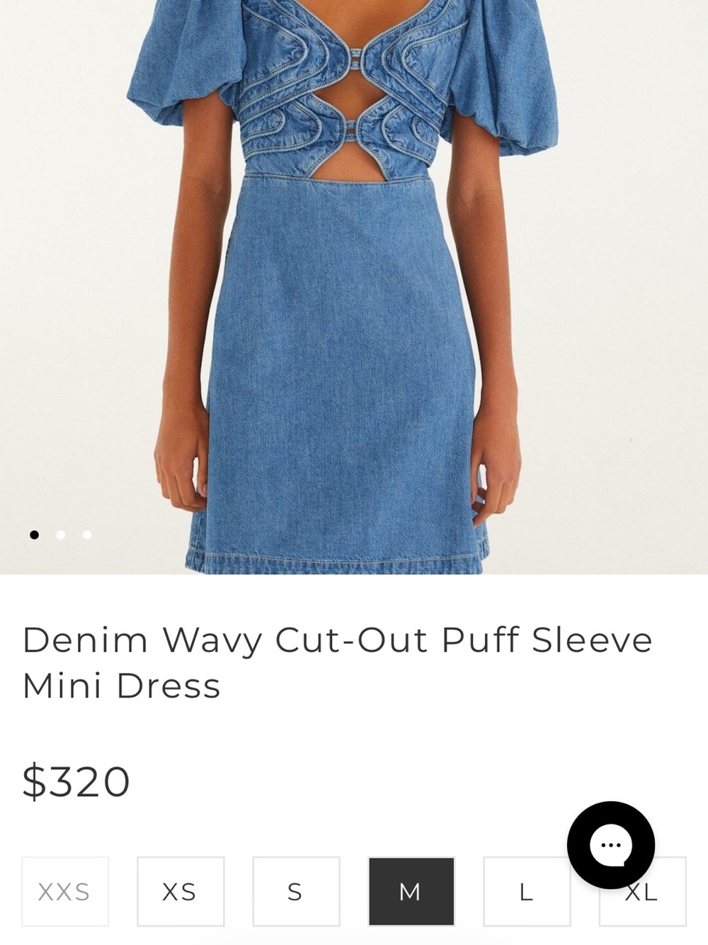 FARM Rio Blue Denim Puff-Sleeve Wavy Cutout Mini Dress - Picture 2 of 2